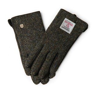 New Harris Tweed and Leather Glove Black Gray Herringbone (Scotland)